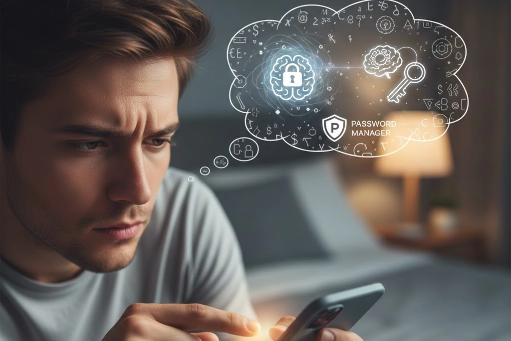 joven en su celular tratando recordar contraseñas y pensando que necesitaría un gestor de contraseñas.
