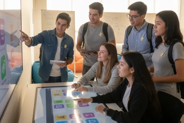 Grupo diverso de estudiantes universitarios colaborando en un proyecto interactivo con tablets y pantallas digitales, ejemplificando la aplicación de la gamificación en la educación superior.