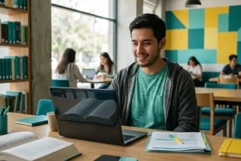 Estudiante joven revisando su historial académico y una laptop con resultado de revalidación de materias en 24 horas, fondo universitario realista.
