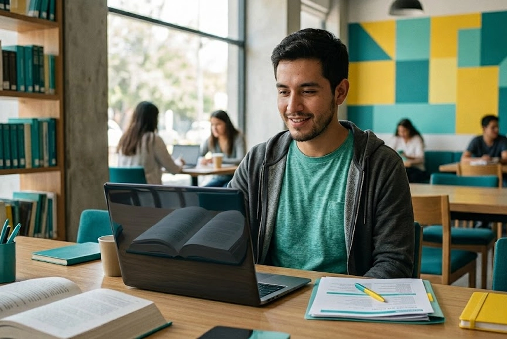 Estudiante joven revisando su historial académico y una laptop con resultado de revalidación de materias en 24 horas, fondo universitario realista.