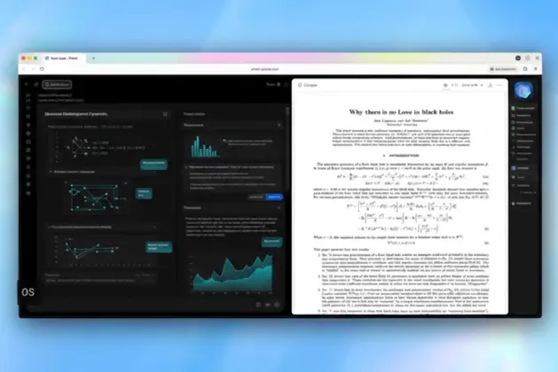 Interfaz moderna del workspace Prism OpenAI mostrando un documento científico con ecuaciones, gráficos y sugerencias de IA, representando la herramienta de investigación.