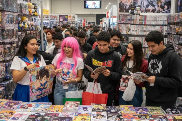 Jóvenes diversos en una convención de cultura otaku en México, explorando stands de anime y manga con expresiones de entusiasmo.