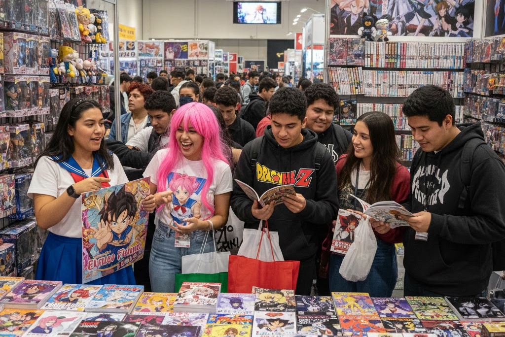 Jóvenes diversos en una convención de cultura otaku en México, explorando stands de anime y manga con expresiones de entusiasmo.