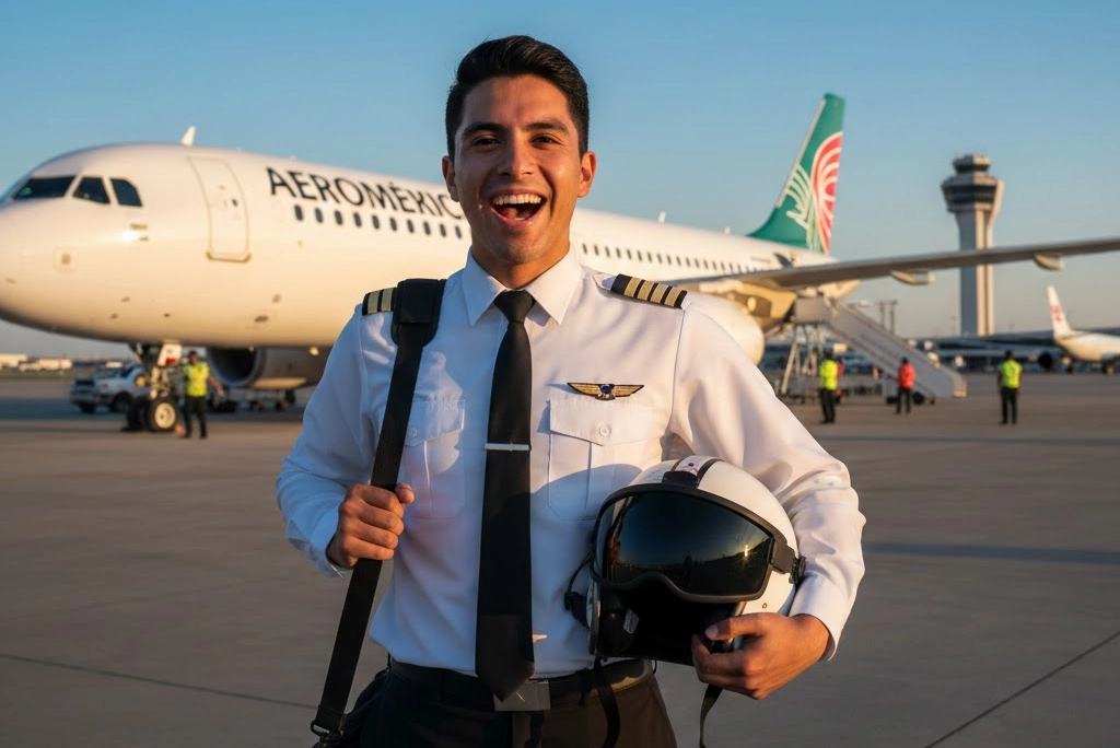 Joven piloto aviador en México sonriendo frente a un avión comercial, listo para comenzar su carrera en la aviación. Representa el éxito profesional y el entrenamiento de vuelo.