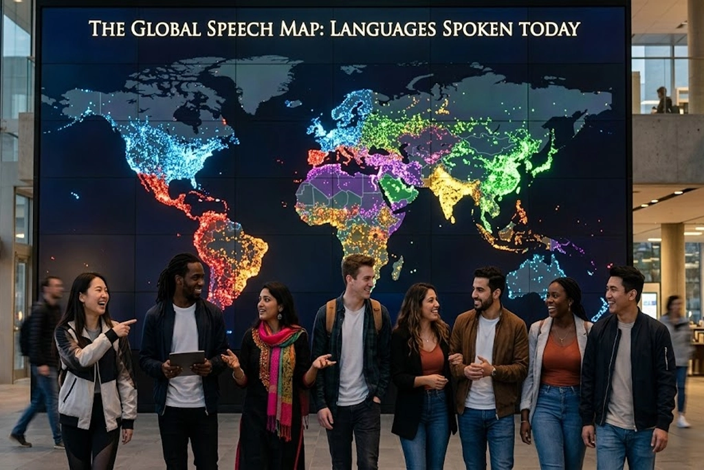 Mapa mundial con los idiomas más hablados del mundo destacados por colores y jóvenes poliglotas interactuando en una ciudad.