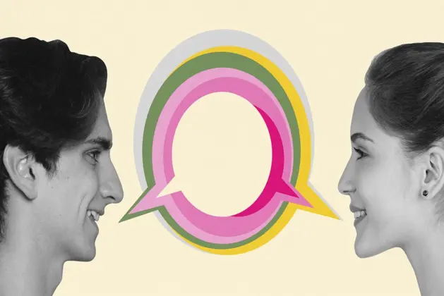ilustración con dos jóvenes conversando y aprendiendo idiomas, pronto descubrirán lo que le sucede a su cerebro