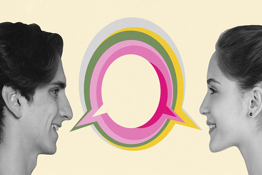 ilustración con dos jóvenes conversando y aprendiendo idiomas, pronto descubrirán lo que le sucede a su cerebro