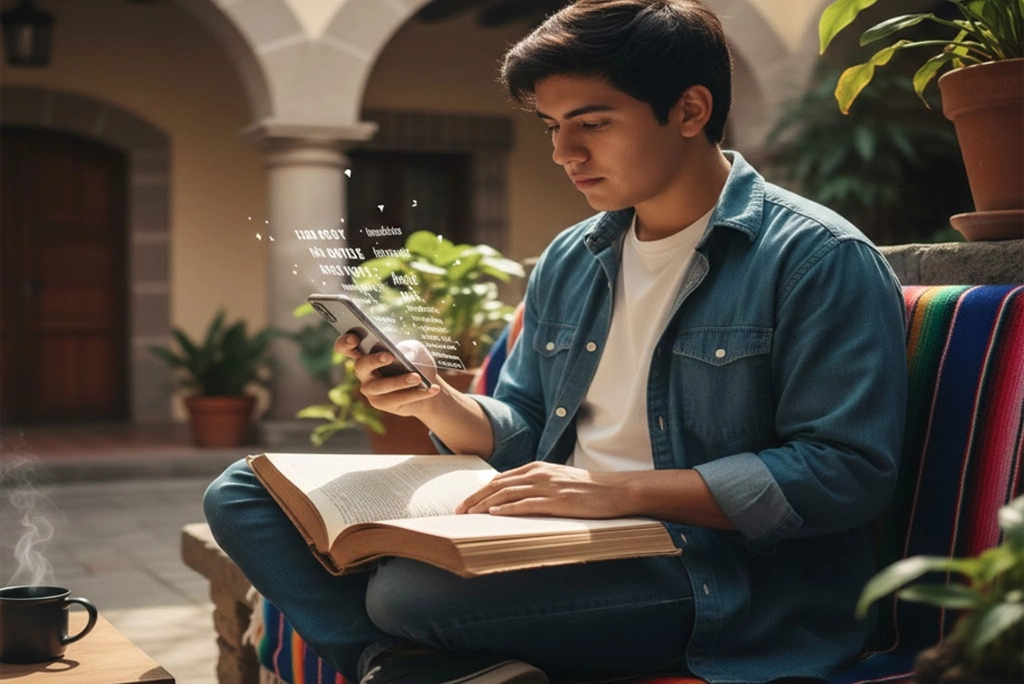 Joven mexicano leyendo en su teléfono móvil y un libro abierto, representando la dualidad de formatos sobre qué leen los jóvenes mexicanos hoy en día.