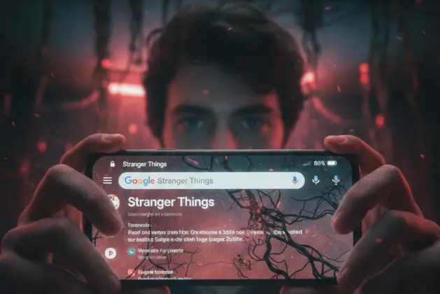 Persona usando un teléfono móvil mostrando la búsqueda de 'Stranger Things en Google' con el efecto visual del Upside Down activo en la pantalla.