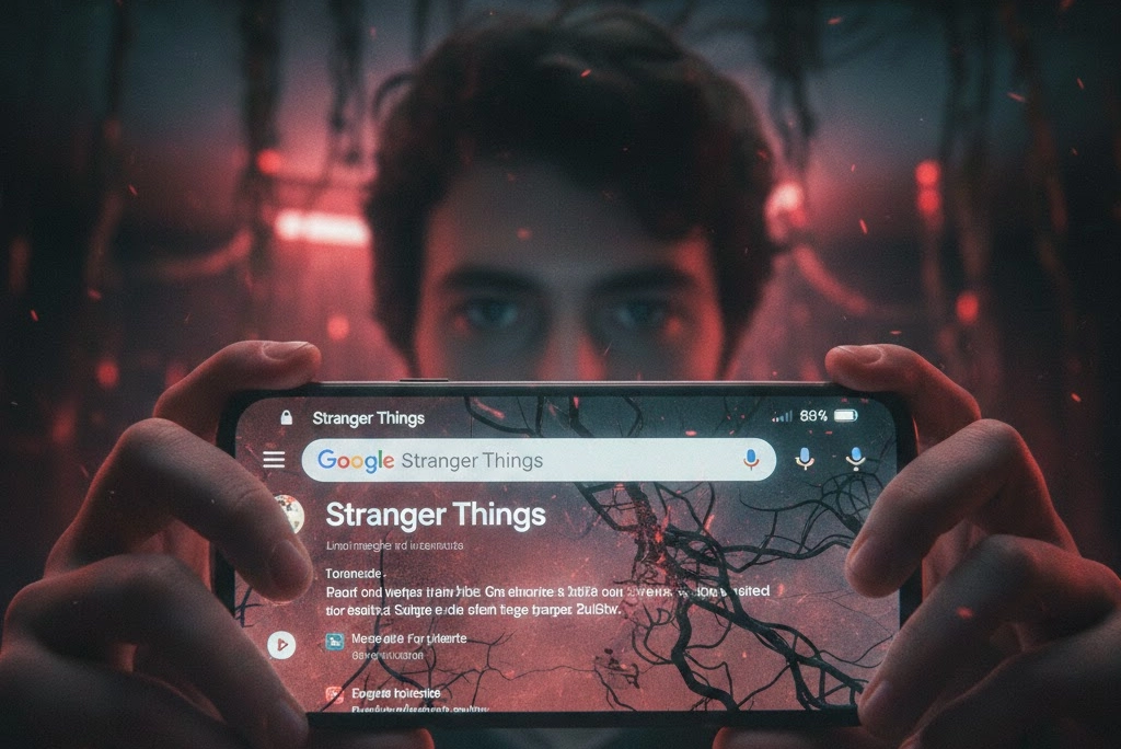 Persona usando un teléfono móvil mostrando la búsqueda de 'Stranger Things en Google' con el efecto visual del Upside Down activo en la pantalla.