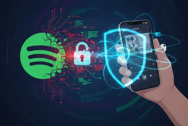 Representación gráfica conceptual sobre el hackeo de Spotify (con logo) y la seguridad digital de un usuario escuchando música en su dispositivo móvil.