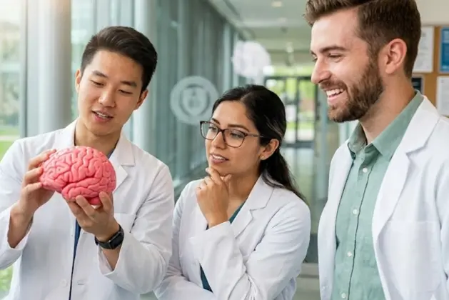 Un grupo diverso de jóvenes estudiantes de medicina sonrientes, usando batas blancas y sosteniendo un cerebro humano de juguete, simbolizando la decisión de estudiar psiquiatría en México con enfoque juvenil y moderno.