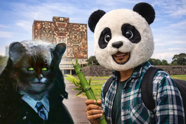Qué son los Therian_Joven estudiante, tribu de los therians con cabeza de panda y un bambú en la mano, con el fondo de la biblioteca central de la UNAM. La universidad lo convirtió en un therian