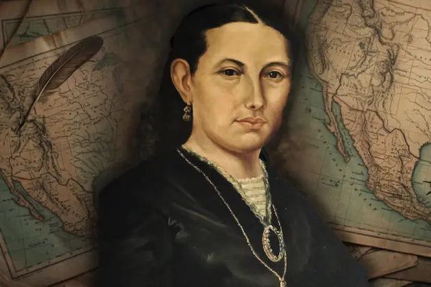 Retrato histórico de Margarita Maza, esposa de Benito Juárez, con vestimenta de época del siglo XIX, mirando con determinación, representando su fortaleza durante la intervención francesa.