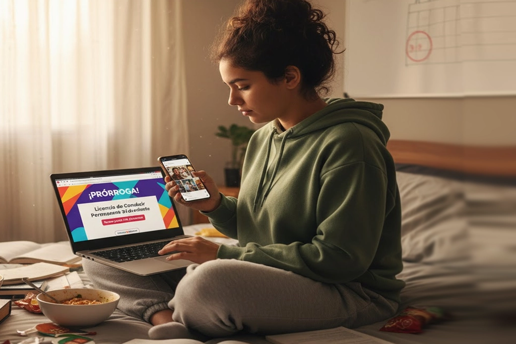 Joven estudiante posponiendo trámites en su laptop, representando el concepto de por qué procrastinamos y la ampliación del plazo para la licencia permanente en CDMX.