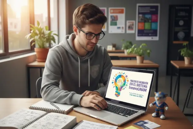 Estudiante de la UNAM revisando su laptop con cuadernos de notas, representando el proceso de registro de un emprendimiento UNAM en InnovaUNAM.