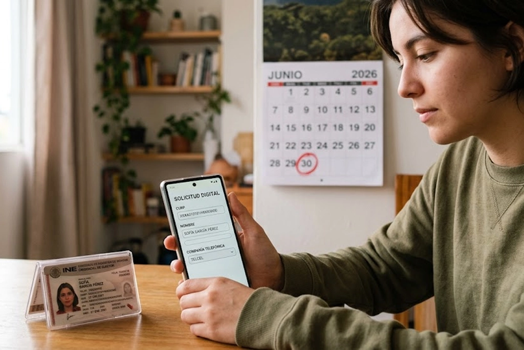 Joven sosteniendo su teléfono con la pantalla mostrando el formulario de “registrar línea CURP”, junto a su credencial de elector y un calendario marcado en junio