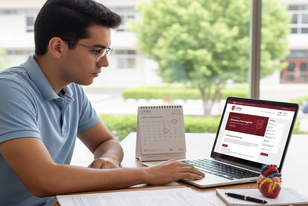 Joven revisando los requisitos de la Universidad de la Salud (UNISA) en una laptop, junto a documentos de inscripción y símbolos médicos.