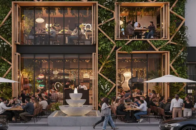 Fachada moderna y llena de vida de uno de los restaurantes de influencers en México más populares, con jóvenes disfrutando de la comida y el ambiente
