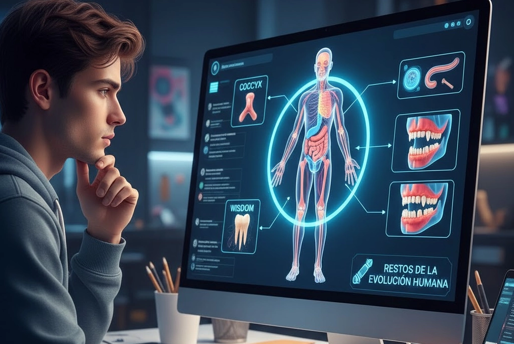 joven estudiante observando y estudiando en la computadora el cuerpo humano de estilo juvenil con secciones transparentes que revelan los órganos vestigiales como el coxis, apéndice y muelas del juicio, destacando los restos de la evolución humana.