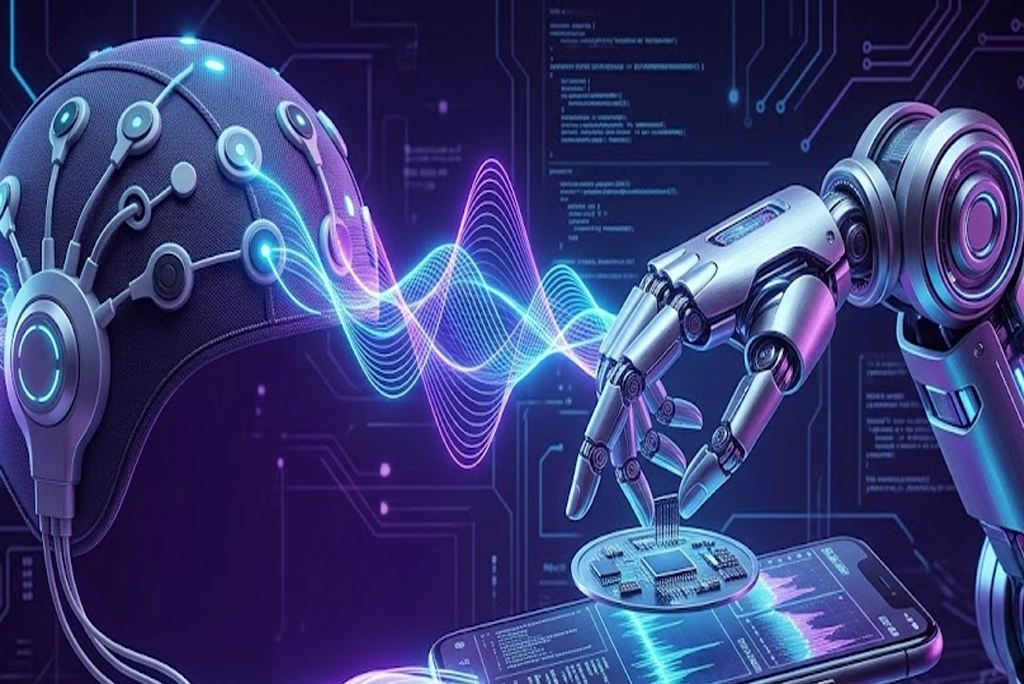 Ilustración futurista de una persona joven usando un gorro EEG mientras interactúa mentalmente con un brazo robótico, concepto de robots telepatía y control mental con IA