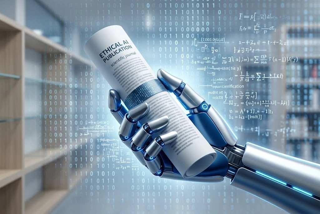 IA científica representada como una mano robótica sosteniendo un paper académico con gráficos de datos flotando a su alrededor, simbolizando la publicación autónoma de investigación científica.
