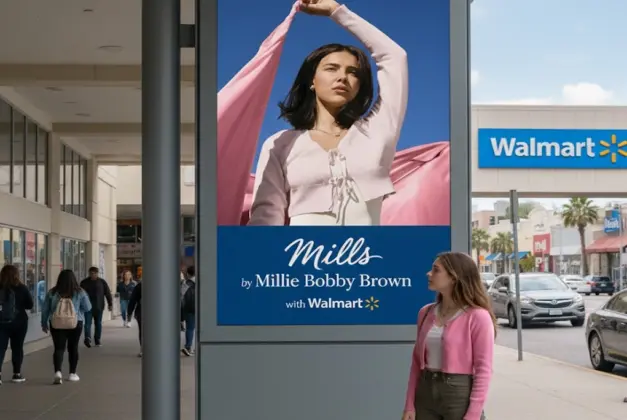 Joven viendo frente a walmart en publicidad la moda juvenil de la nueva colaboración Millie Bobby Brown con Walmart, mostrando esta imagen promo de la colección Mills.