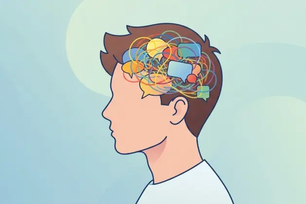 Ilustración colorida de una cabeza joven con líneas y ondas desordenadas representando el ruido mental, con fondo relajante en tonos azules y verdes