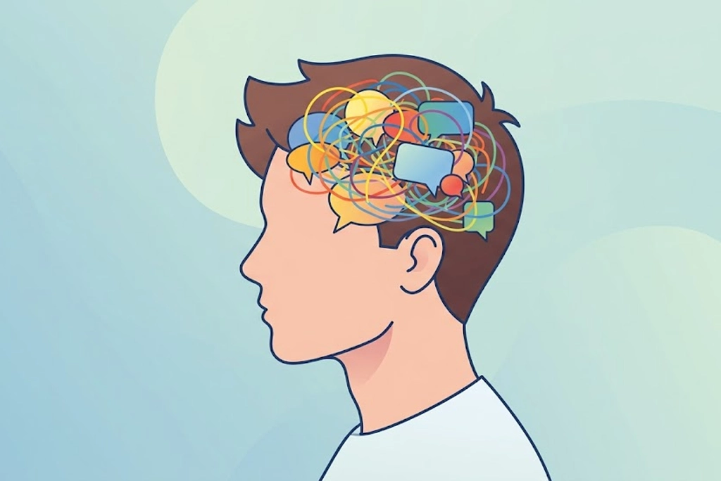 Ilustración colorida de una cabeza joven con líneas y ondas desordenadas representando el ruido mental, con fondo relajante en tonos azules y verdes