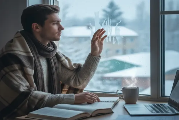 Joven estudiante abrigado mirando por la ventana en un día frío, reflexionando sobre el aprendizaje en clima frío y el rendimiento cerebral en invierno.