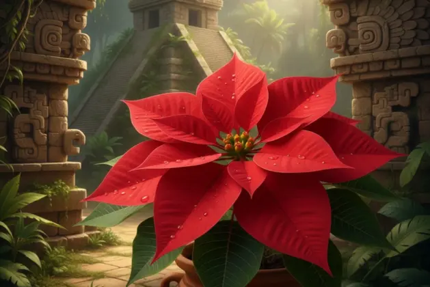 Fotografía de una vibrante flor de Nochebuena roja, símbolo de la Navidad cuyo origen flor de nochebuena se remonta a la México prehispánico y su nombre náhuatl, Cuetlaxóchitl,