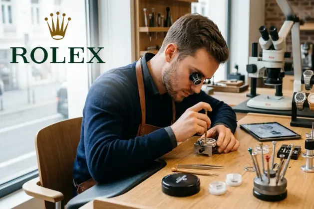 Joven estudiante en la escuela Rolex relojería de Texas examinando un movimiento de reloj con microscopio, mostrando la precisión artesanal y la exclusividad del programa de formación