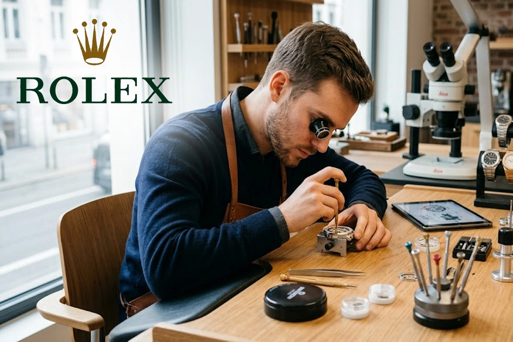 Joven estudiante en la escuela Rolex relojería de Texas examinando un movimiento de reloj con microscopio, mostrando la precisión artesanal y la exclusividad del programa de formación