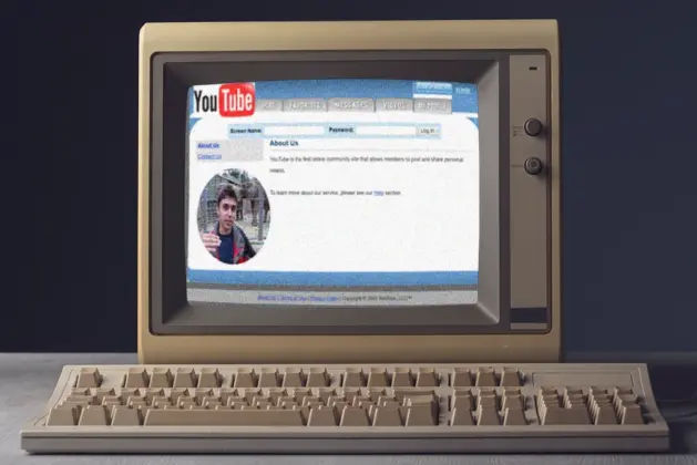 Imagen de una computadora antigua con la página de Youtube en sus inicios de cuando se creó en 2005 y la imagen del primer video que se subió a la plataforma