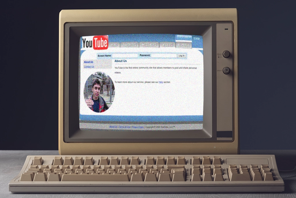 Imagen de una computadora antigua con la página de Youtube en sus inicios de cuando se creó en 2005 y la imagen del primer video que se subió a la plataforma
