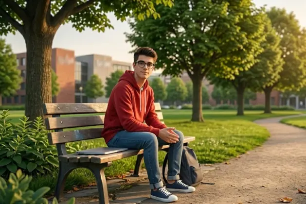 Estudiante joven relajado sentado en un parque urbano con tres árboles visibles, representando el concepto de salud mental naturaleza mediante la regla 3-30-300.