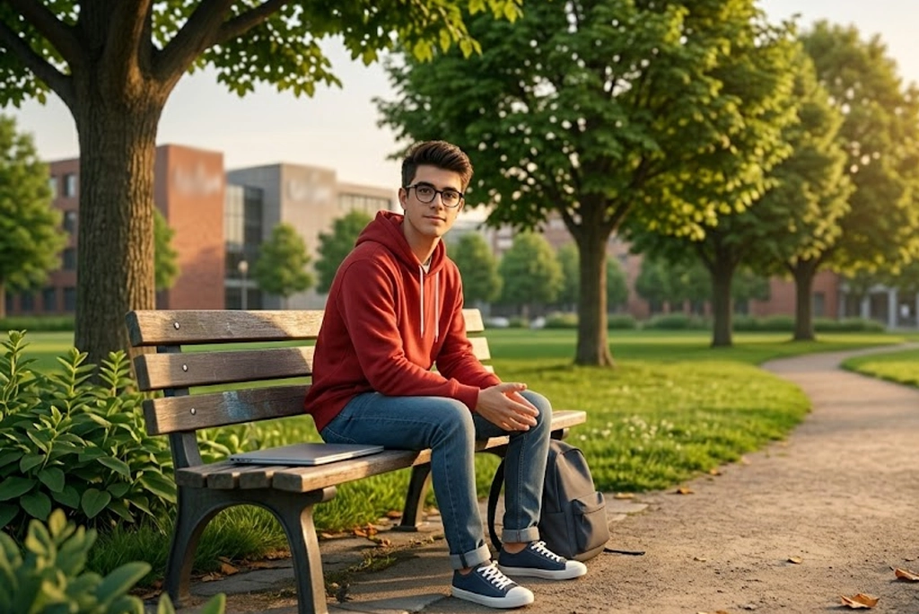 Estudiante joven relajado sentado en un parque urbano con tres árboles visibles, representando el concepto de salud mental naturaleza mediante la regla 3-30-300.