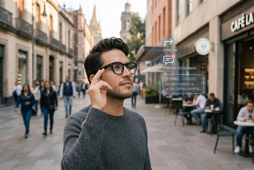 Primer plano de una persona joven usando los lentes inteligentes Samsung con montura negra estilo Gentle Monster, mientras una interfaz de realidad aumentada flota frente a sus ojos mostrando direcciones y notificaciones