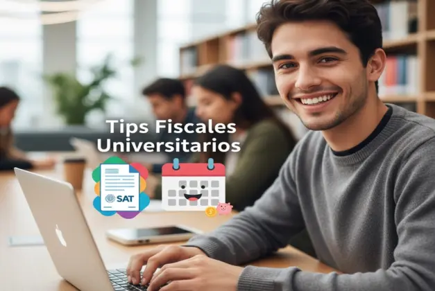 Joven universitario sonriente usando una laptop, con iconos gráficos de un documento del SAT y un calendario, representando los tips fiscales para universitarios.