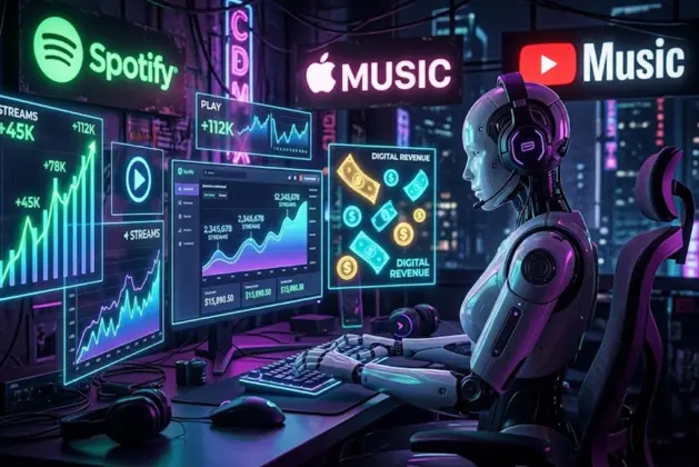 Ilustración que representa el fraude streaming IA: un robot con auriculares sentado frente a muchas pantallas con gráficos de reproducciones falsas y billetes de dólar flotando.