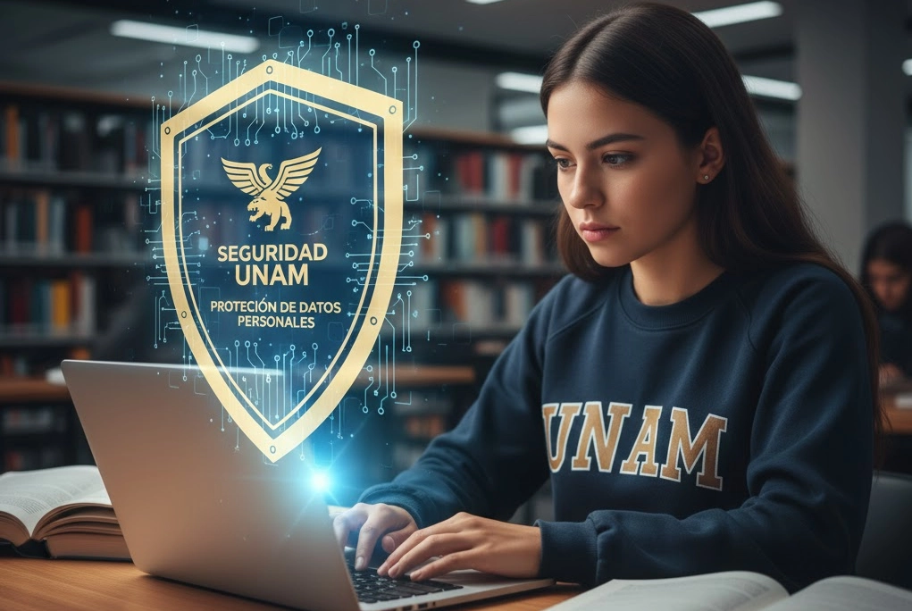 Estudiante usando una laptop con un escudo digital de protección superpuesto, representando la seguridad digital UNAM y la protección de datos personales tras el hackeo reportado.