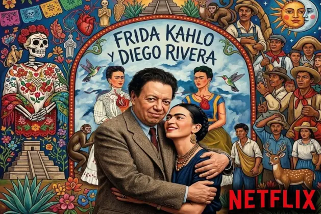 Serie Netflix Frida Kahlo y Diego Rivera: representación artística de la icónica pareja mexicana abrazados frente a un mural colorido que mezcla elementos del arte popular mexicano y estilo contemporáneo.
