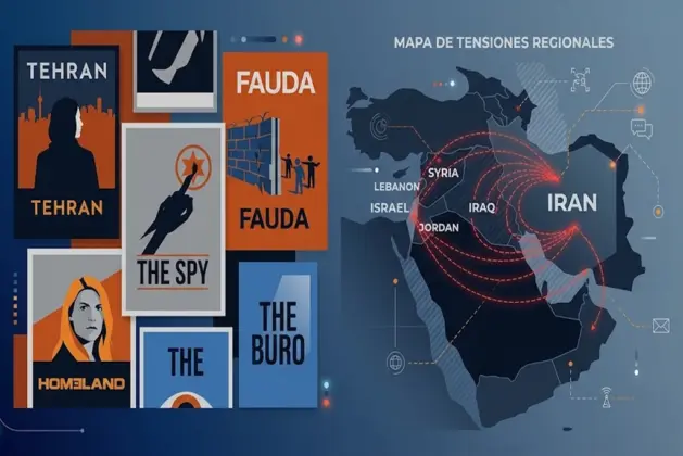 Collage visual con posters de las mejores series y documentales del conflicto Irán Israel superpuestos sobre un mapa conceptual de Medio Oriente que ilustra la tensión geopolítica en la regió