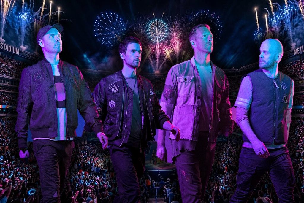 Primer show de medio tiempo en el Mundial 2026 con Coldplay en el escenario del MetLife Stadium, luces de colores y público emocionado.