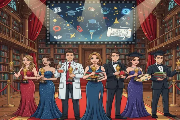 Ilustración divertida que representa la idea de carreras universitarias si fueran una película, mostrando estudiantes con atuendos de gala sosteniendo estatuillas Oscar frente a un fondo de biblioteca y pantalla de cine.