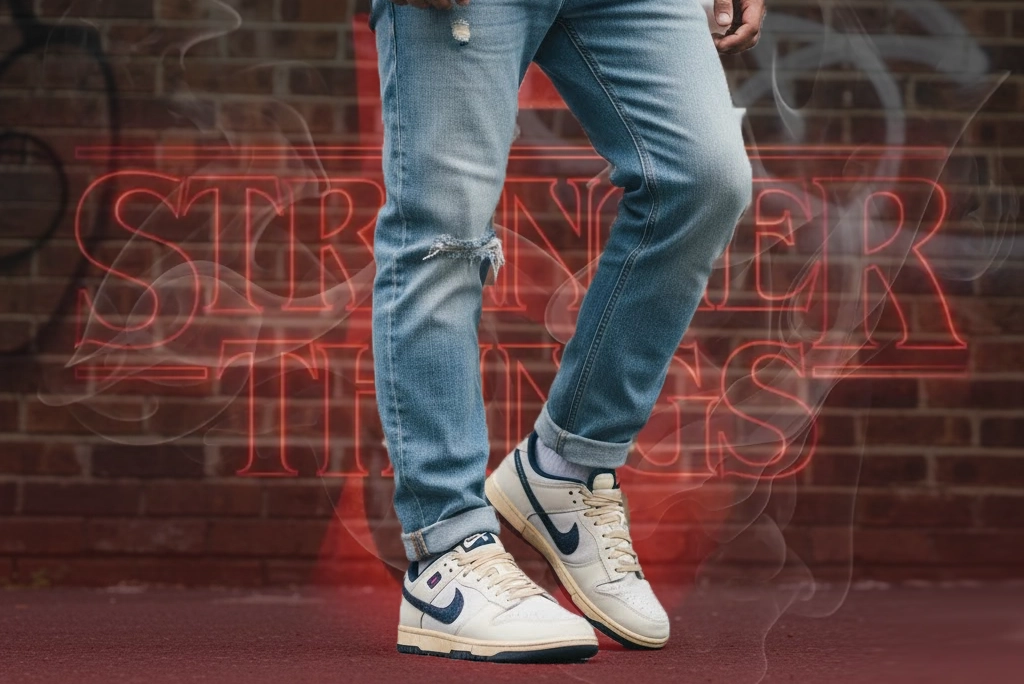 Joven con estilo urbano usando los sneakers Nike de Stranger Things edición Upside Down, con jeans y sudadera, mostrando los detalles desgastados del calzado.