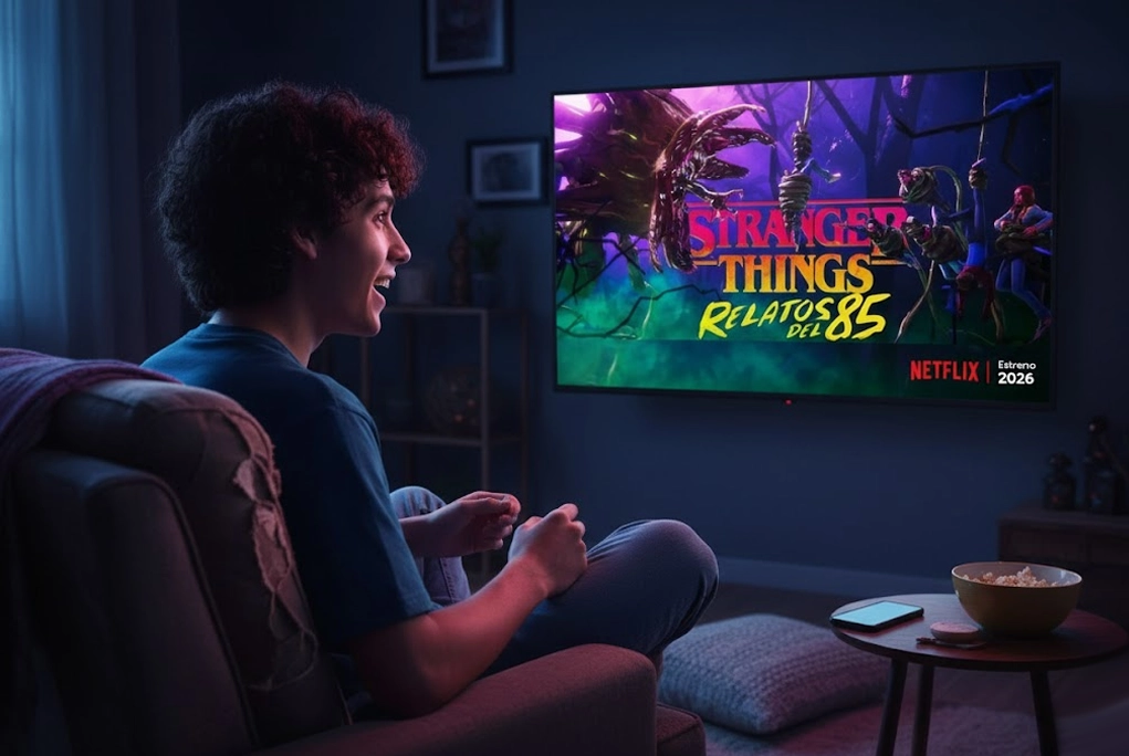imagen de joven viendo en su tV el spin off de Stranger Things confirmado por Netflix para su estreno en 2026.