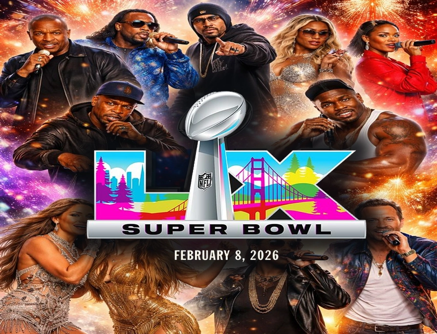 collage de artistas históricos del halftime show del Super Bowl junto al logo del evento, representando los shows más vistos del Super Bowl LX