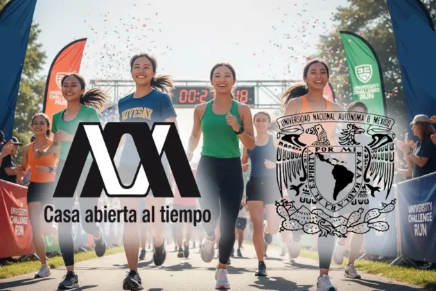 jóvenes runners universitarios sonriendo y corriendo en una carrera organizada por una universidad, representando la energía de las carreras para runners.