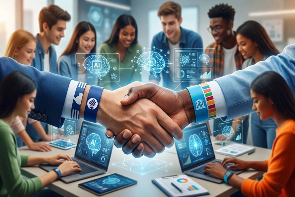 Imagen que representa la colaboración entre el Tec de Monterrey y la UNESCO, mostrando a un grupo de jóvenes estudiantes universitarios en México interactuando con una interfaz de inteligencia artificial futurista, simbolizando el impacto de la IA educación México en el aula.